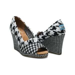 TOMS Scottish Houndstooth Wedges Peep Toe Black White Tweed Plaid sz 6